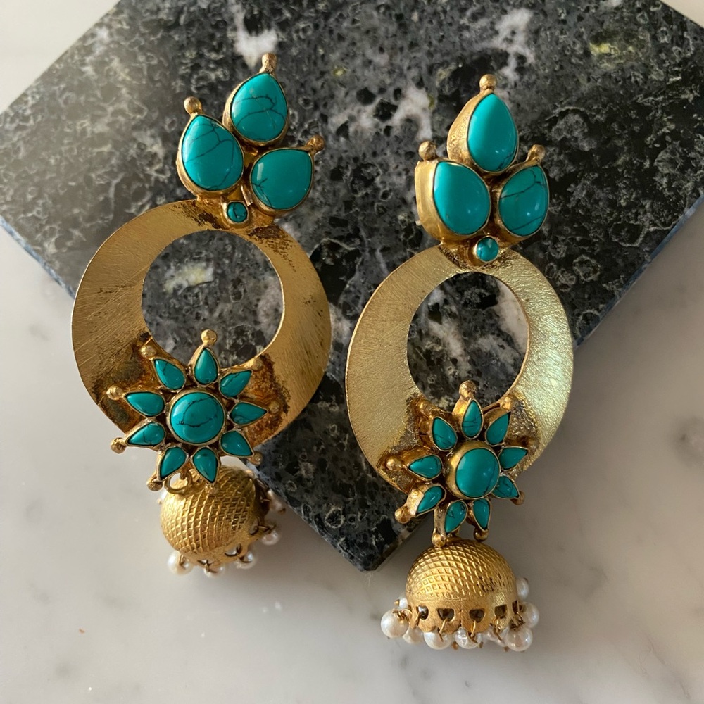 Vintage Indian gold & turquoise statement earringss